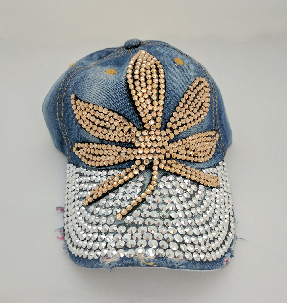 Gold Glitter Rhinestone Cannabis Marijuana Pot Leaf Hat - Front View
