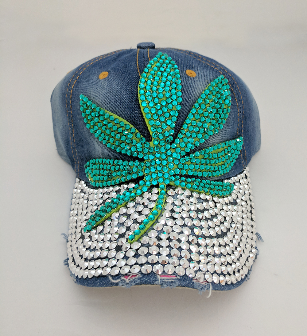 Green Glitter Rhinestone Cannabis Marijuana Pot Leaf Hat - Front View
