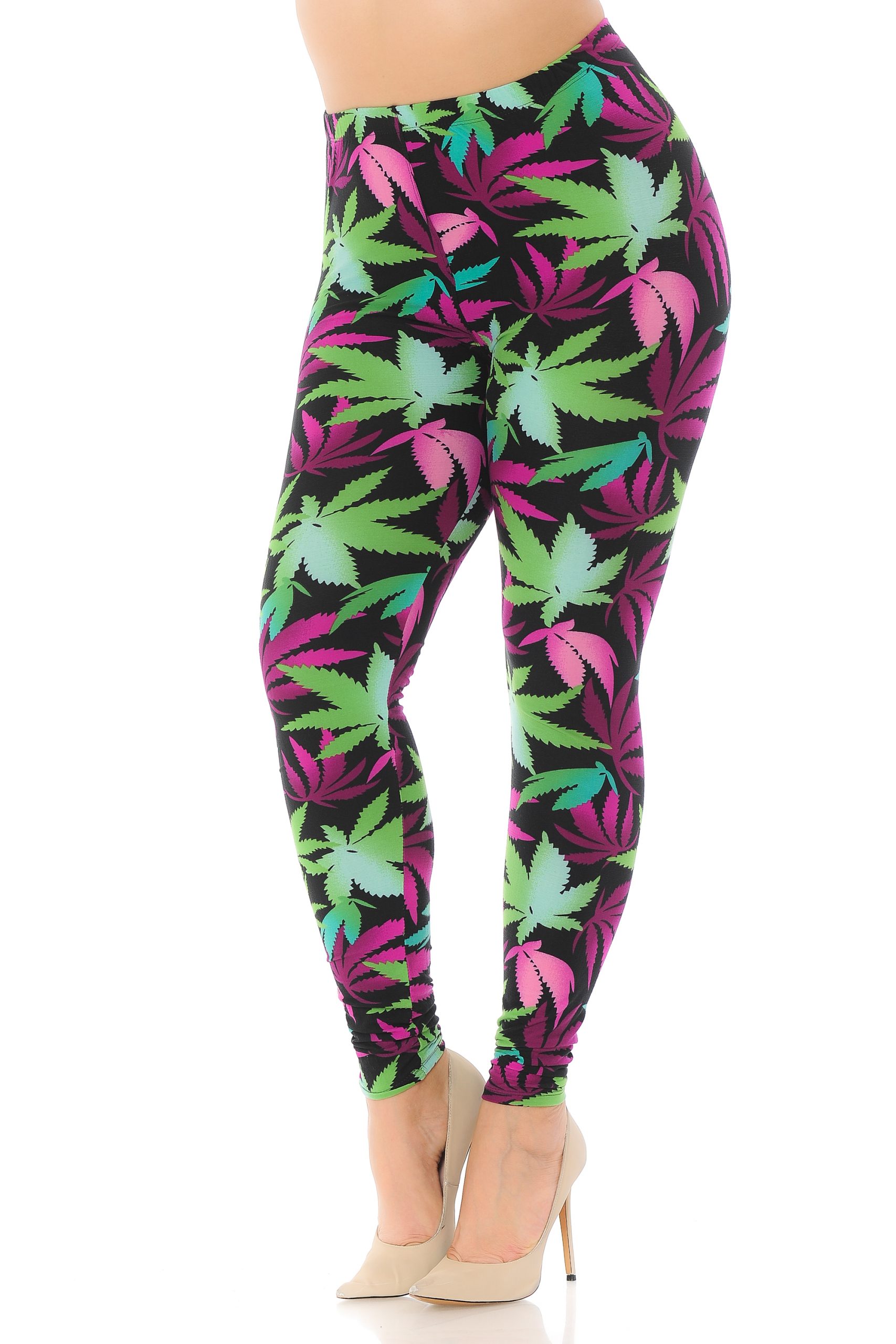 Purple and Green Multi Color Marijuana Leaf Buttery Soft Cannabis Leggings - Plus Size - 1